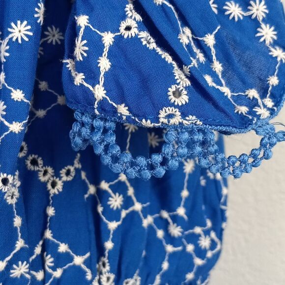 O.p.t Women Blue / White Tiered Maxi dress with V Neckline and Flutter Sleeves L - Picture 7 of 16